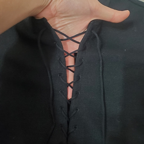 Derek Lam 10 Crosby Elegant Black Midi Dress. Short Sleeves. Knit Ribbed Lace Up - Picture 8 of 15